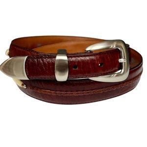 Orvis Brown Leather Western Belt Size 38 Vintage 90s Bone Detail Silver Hardware